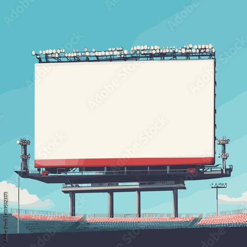 Large Blank White Billboard at Stadium with Red Base under Blue Sky