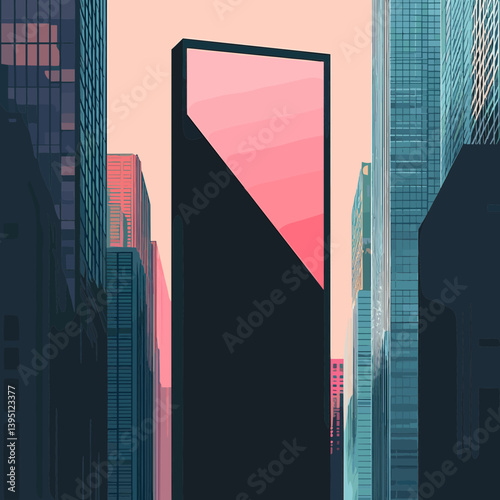 Pink Sunset Over Modern Cityscape with Geometric Billboard