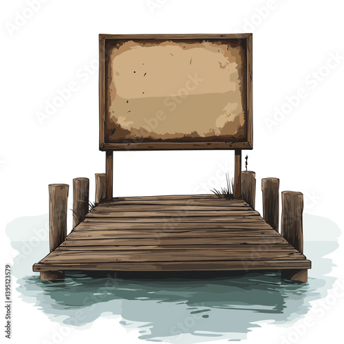 Rustic Wooden Dock with Blank Sign Over Calm Water
