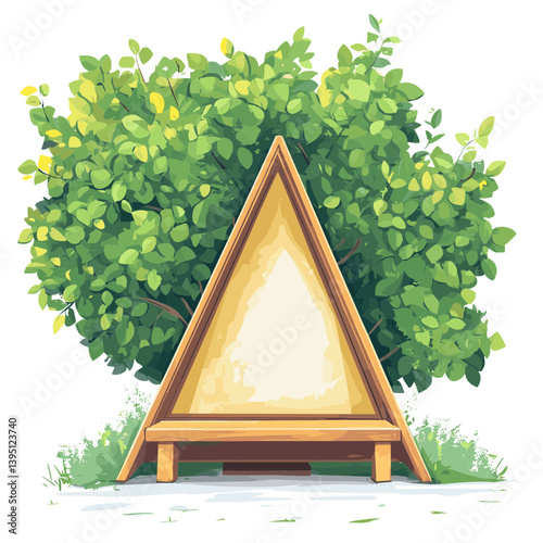 Wooden Triangle Bench in Lush Green Bushes
