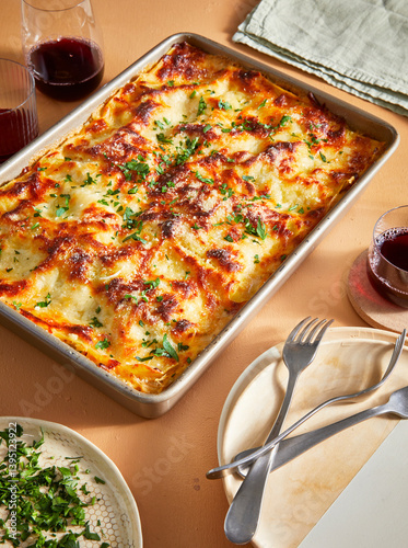 white lasagna on table with wine