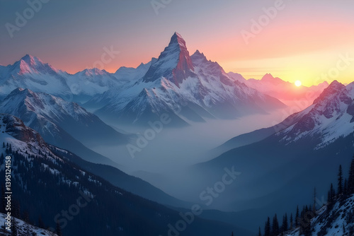 Majestic mountain range covered with snow during sunset, showcasing the harmony between the rugged peaks and the soft light of the setting sun over misty valley
