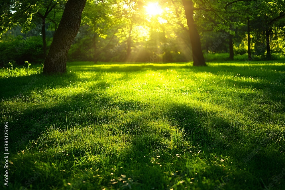 Fototapeta premium Natures Glow Sunlight Dances on a Lush Green Meadow