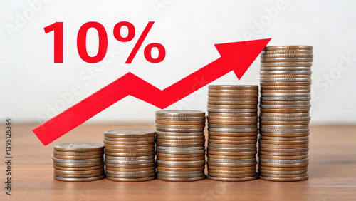 Tariff Taxes. 10 percent increase in tariff is symbolized by red arrow rising over stacked coins