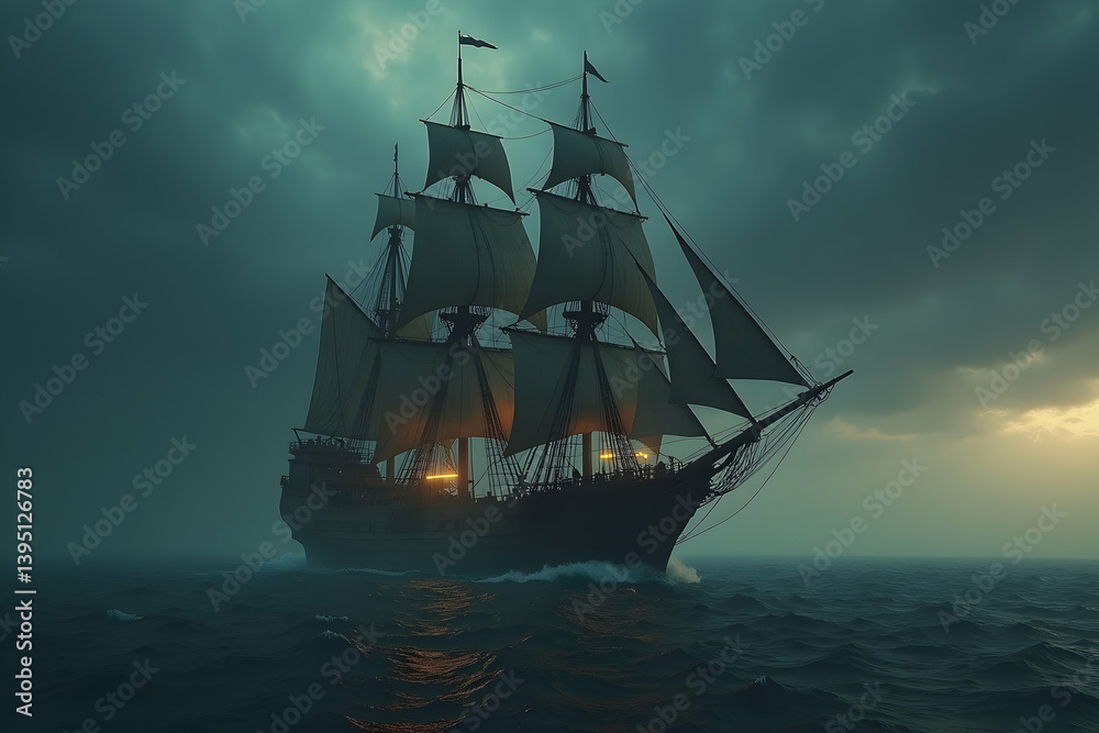 Fototapeta premium Majestic Tall Ship Sailing Through Stormy Seas at Twilight, A Professionally Captured Stock Photo Evoking Adventure and Nautical History