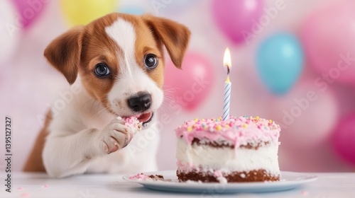 Cute Puppy Celebrating Birthday with Cake and Colorful Balloons