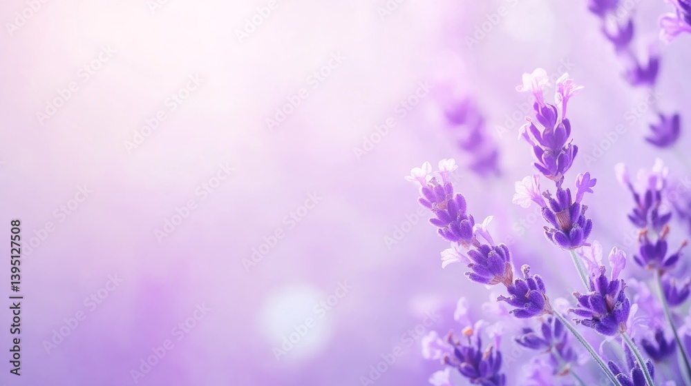 Naklejka premium A close-up of lavender flowers gently laid on a pale lavender pastel background, blending tones and leaving a clean upper area for text.