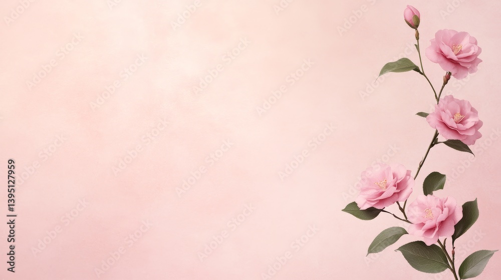 Obraz premium A minimal composition of blush pink camellias on a pastel rose background, arranged in the corners with central negative space.