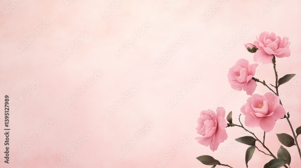 Naklejka premium A minimal composition of blush pink camellias on a pastel rose background, arranged in the corners with central negative space.