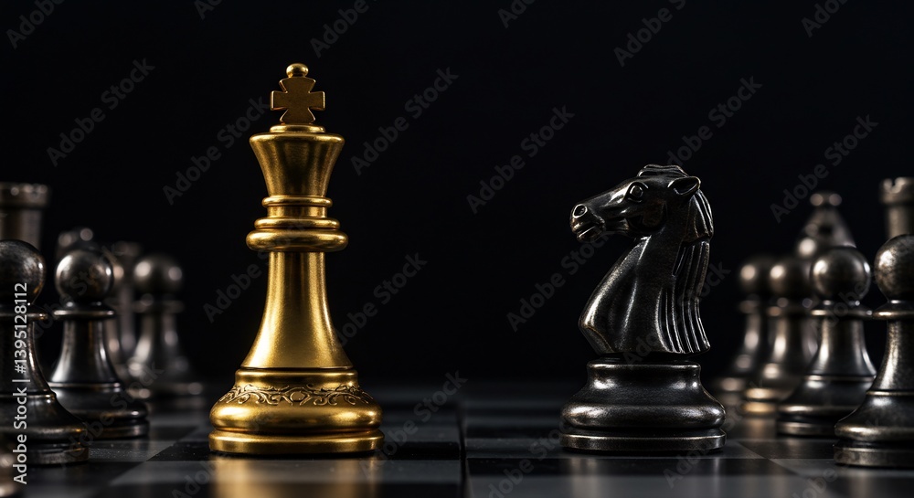 Golden King Confronts Dark Knight Chessboard. AI Generated Golden King Confronts Dark Knight Chessboard. AI Generated