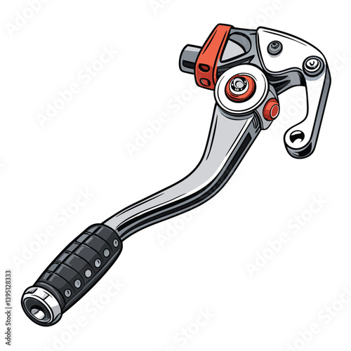 Design a bold, vector illustration of a motorcycle brake lever, emphasizing strong lines and metallic texture.  Include detailed mechanical elements.