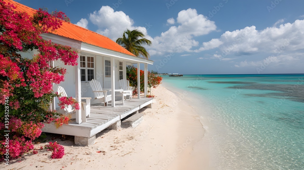 Obraz premium Charming white beach cottage with vibrant orange roof overlooks turquoise water, surrounded by pink bougainvillea and white Adirondack chairs on a wooden porch, tropical Caribbean setting. 