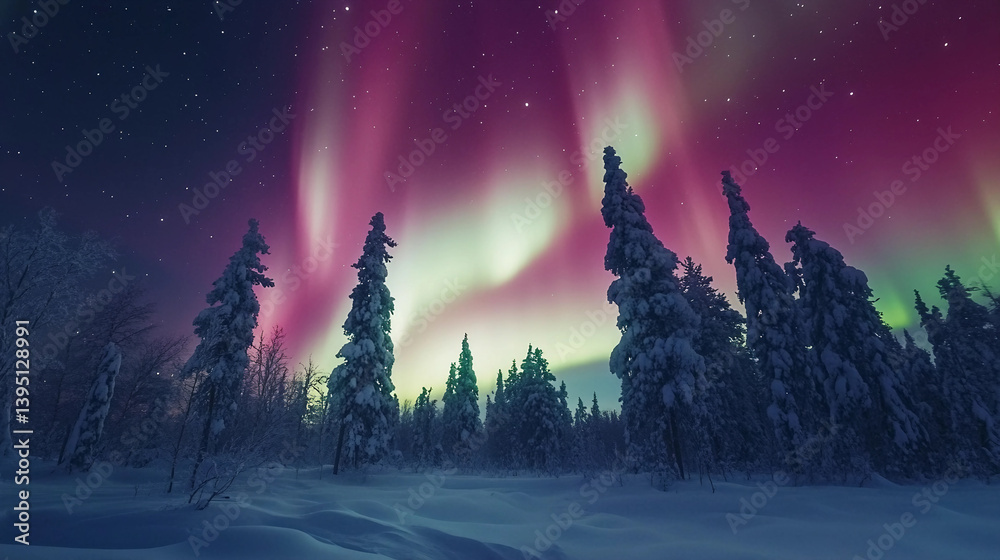 Fototapeta premium The sky is filled with auroras and the trees are covered in snow