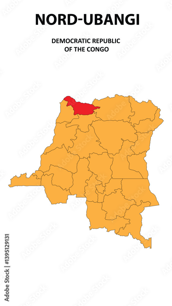Obraz premium Nord-Ubangi Map is highlighted on the Democratic Republic of the Congo with detailed state and region outlines.