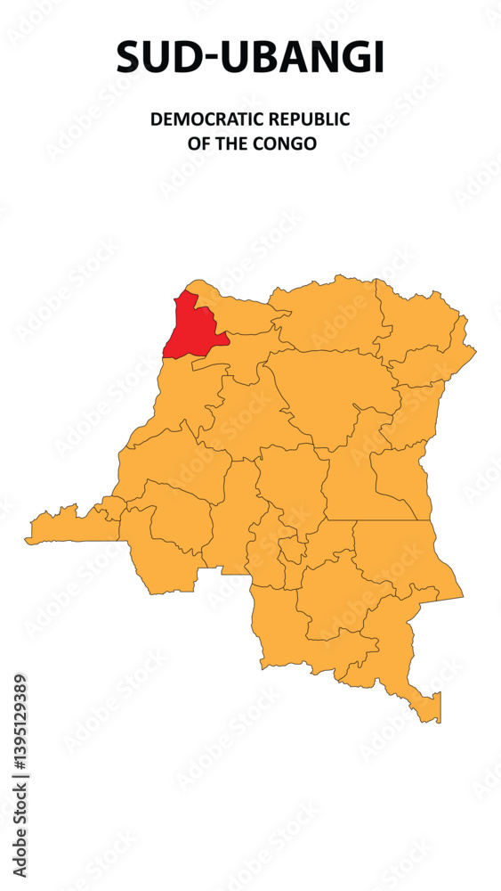 Obraz premium Sud-Ubangi Map is highlighted on the Democratic Republic of the Congo with detailed state and region outlines.