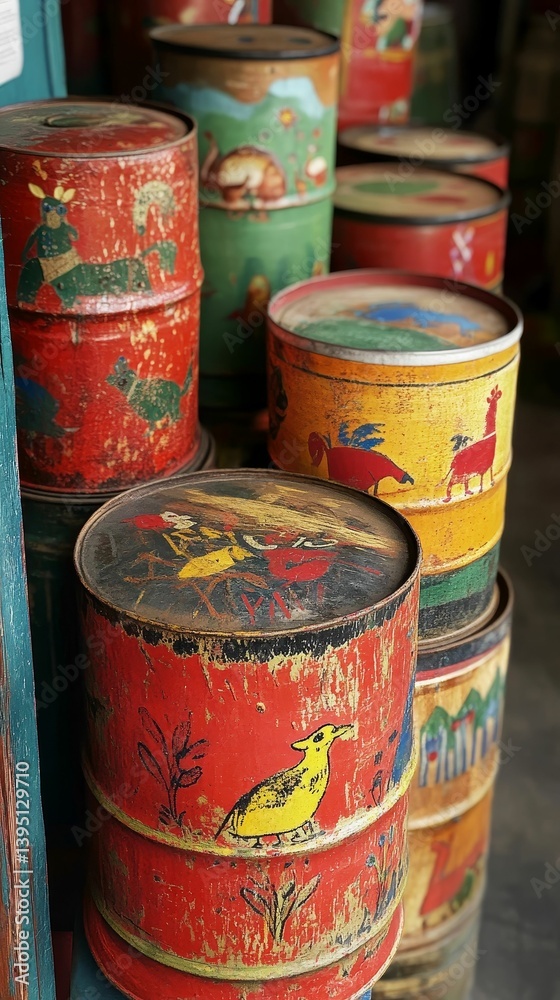 Stack of old rusty metal cans with colorful worn paint Stack of old rusty metal cans with colorful worn paint