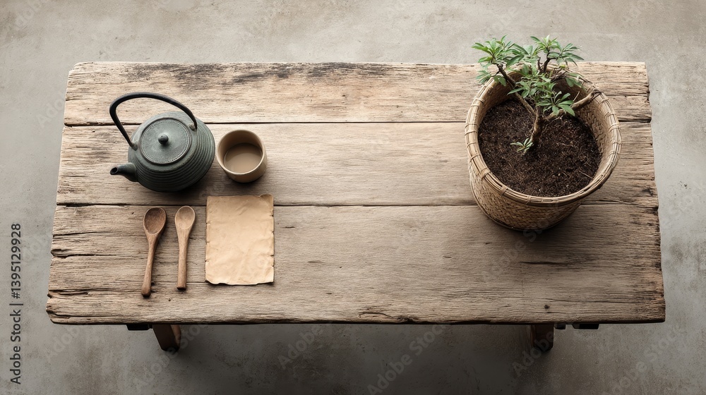 Natural wood table with tea set, paper sheet and herbal plant for eco lifestyle, mindfulness and rustic home inspiration