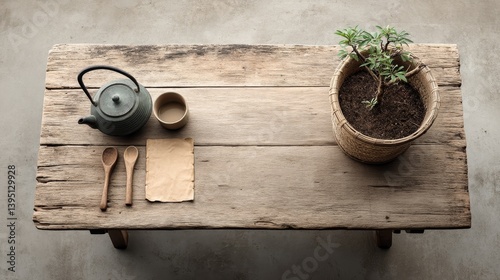 Obraz na płótnie Natural wood table with tea set, paper sheet and herbal plant for eco lifestyle, mindfulness and rustic home inspiration w salonie