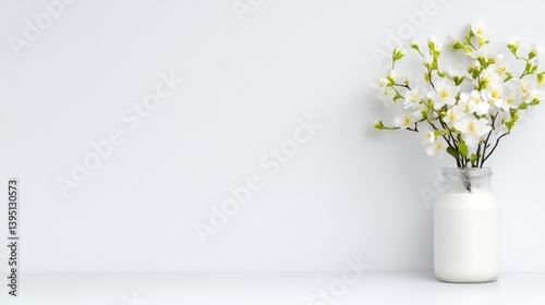 Wallpaper Mural A white vase with delicate white flowers on a minimalist shelf, soft pastel background, elegant floral arrangement, and simple home decor concept. Torontodigital.ca