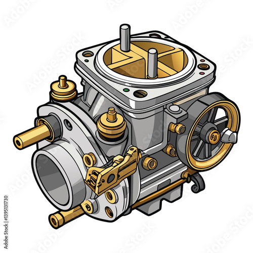 Create a bold, vector illustration of a carburetor, showcasing its internal fuel flow mechanisms with strong, defined lines and vibrant colors.