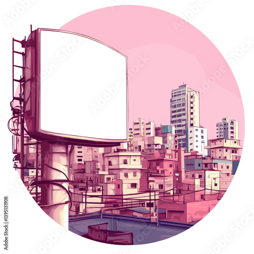 Pink Cityscape with Blank Billboard at Sunset