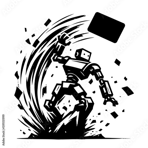 vector of a robot throwing the laptop in a dynamic black and white style  