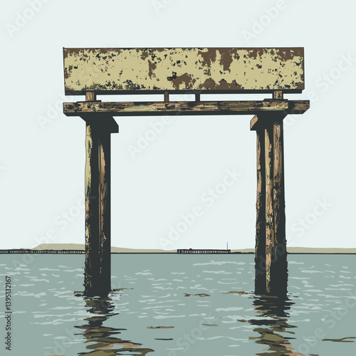 Weathered Wooden Gateway Over Calm Water