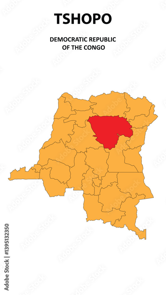Obraz premium Tshopo Map is highlighted on the Democratic Republic of the Congo with detailed state and region outlines.