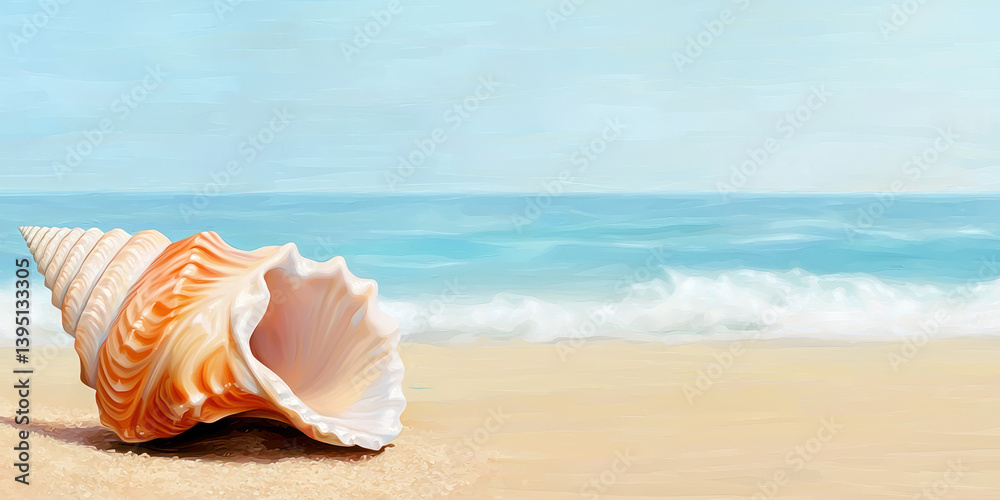 detailed pastel seashell resting on sand with gentle waves in background, evoking serene beach atmosphere detailed pastel seashell resting on sand with gentle waves in background, evoking serene beach atmosphere