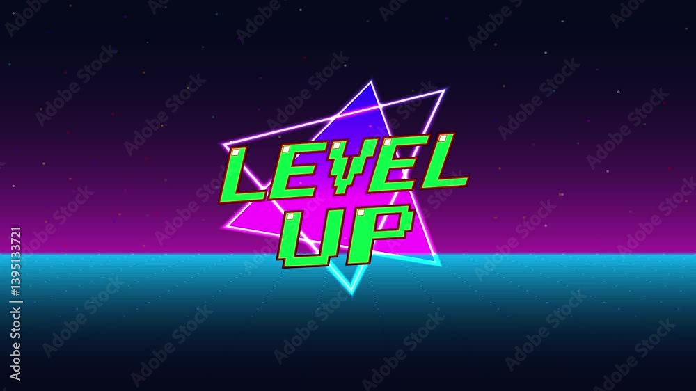 LEVEL UP icon pixel art. 8 bit game. retro game. Retro Futurism Sci-Fi Background. glowing neon grid. and stars from vintage arcade computer games