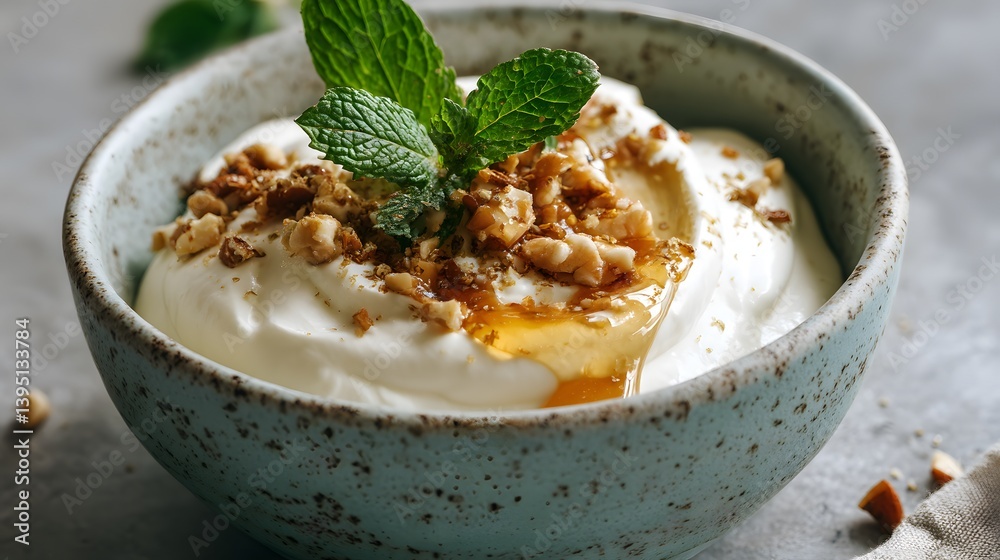 Speckled ceramic bowl holds creamy Greek yogurt drizzled with honey, topped with chopped nuts and fresh mint, styled as rustic artisanal breakfast. Speckled ceramic bowl holds creamy Greek yogurt drizzled with honey, topped with chopped nuts and fresh mint, styled as rustic artisanal breakfast.