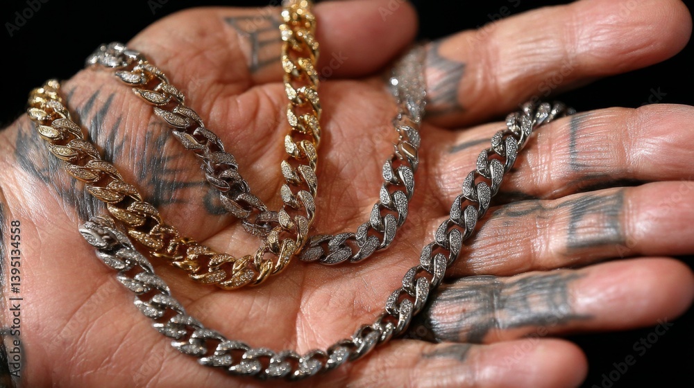 A hand displaying three luxurious chains in gold and silver