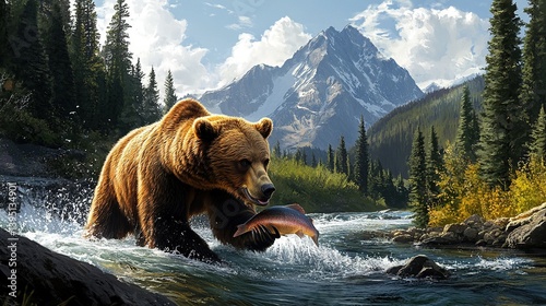 A grizzly bear fishing in a rushing river, its powerful paws swiping at the water to catch a salmon, with dense pine forest and mountains in the background.
