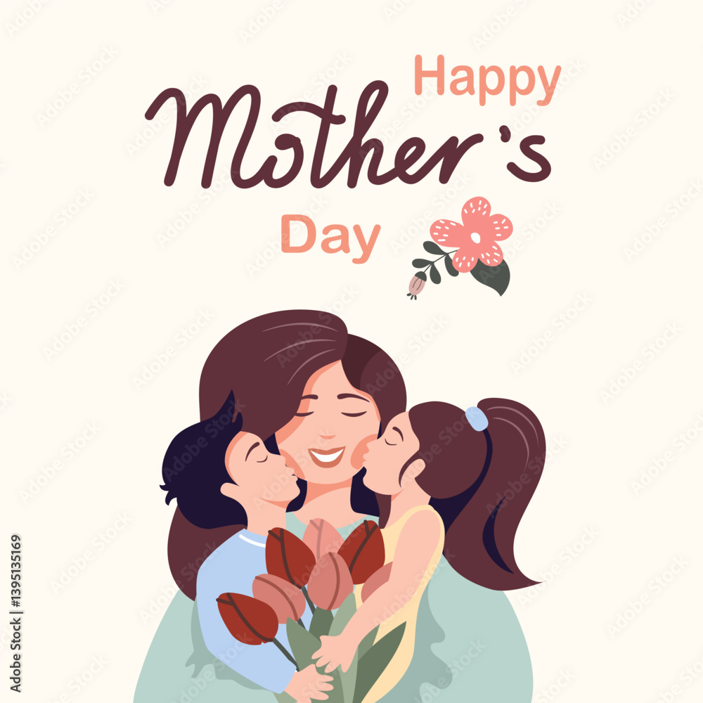 A heartwarming card expressing love for Mother’s Day showcases a mother surrounded by her children, each kissing her cheek while she holds a bouquet of flowers, symbolizing affection and appreciation. A heartwarming card expressing love for Mother’s Day showcases a mother surrounded by her children, each kissing her cheek while she holds a bouquet of flowers, symbolizing affection and appreciation.