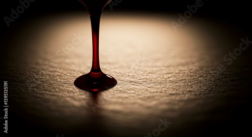 a thick red drop hanging and falling into a puddle on a dark background