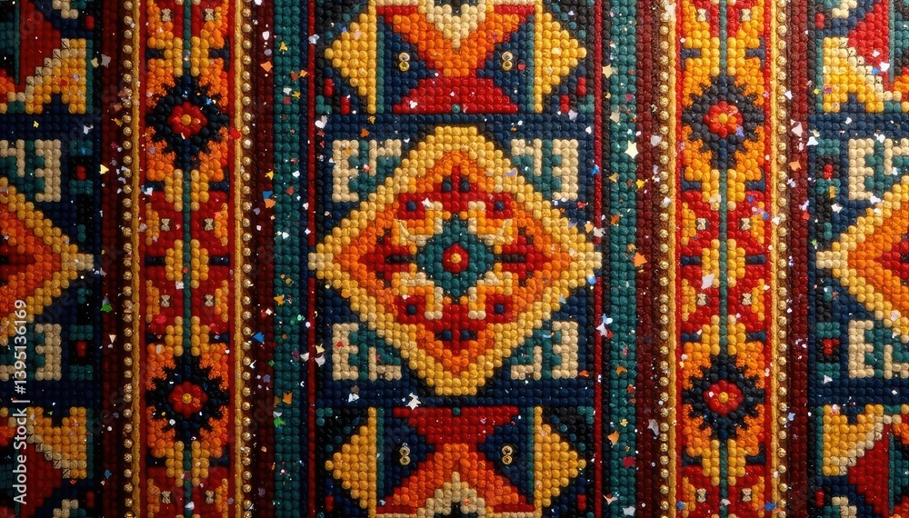 Geometric tapestry pattern, bold lines, earthy tones, fabric, design Geometric tapestry pattern, bold lines, earthy tones, fabric, design