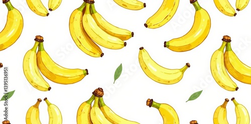 Seamless pattern of hand-drawn banana fruits on white background, fresh, healthy