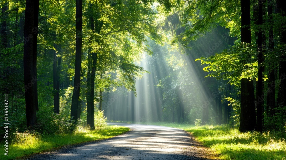 Obraz premium Enchanted Pathway Through Lush Green Forest with Sunlight Rays