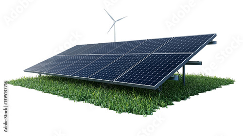 Solar panels and wind turbine on green grass renewable energy  isolated on transparent  background png