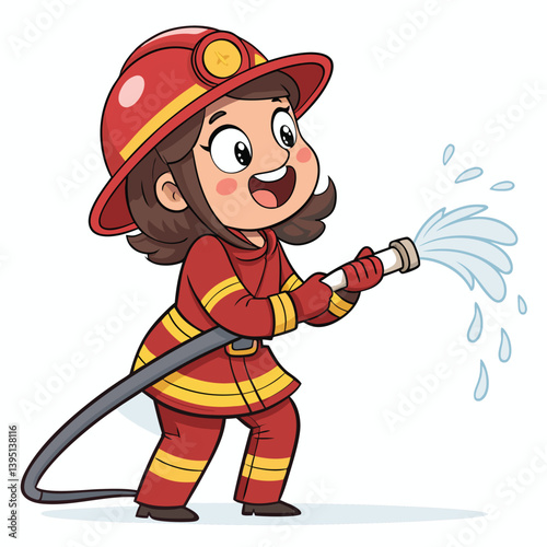 Create a bold, vector illustration of a cheerful female firefighter in action, showcasing dynamic movement and vibrant colors.