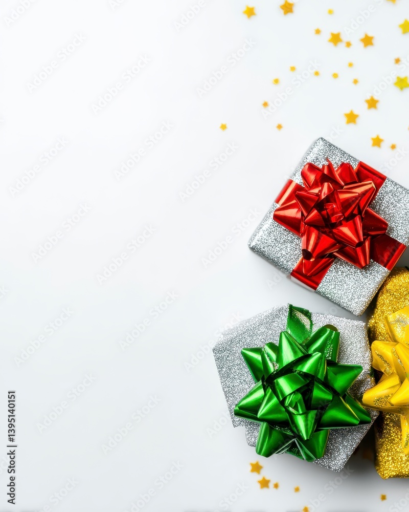 Silver Gift Boxes with Colorful Bows on White Background Silver Gift Boxes with Colorful Bows on White Background