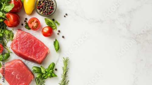 Obraz na płótnie Fresh Meat and Vegetables Arrangement on Marble Background w salonie
