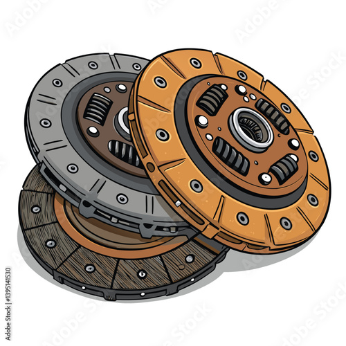Create a bold vector illustration of a stacked clutch plate assembly, emphasizing strong lines and metallic textures.  Show individual plates clearly.