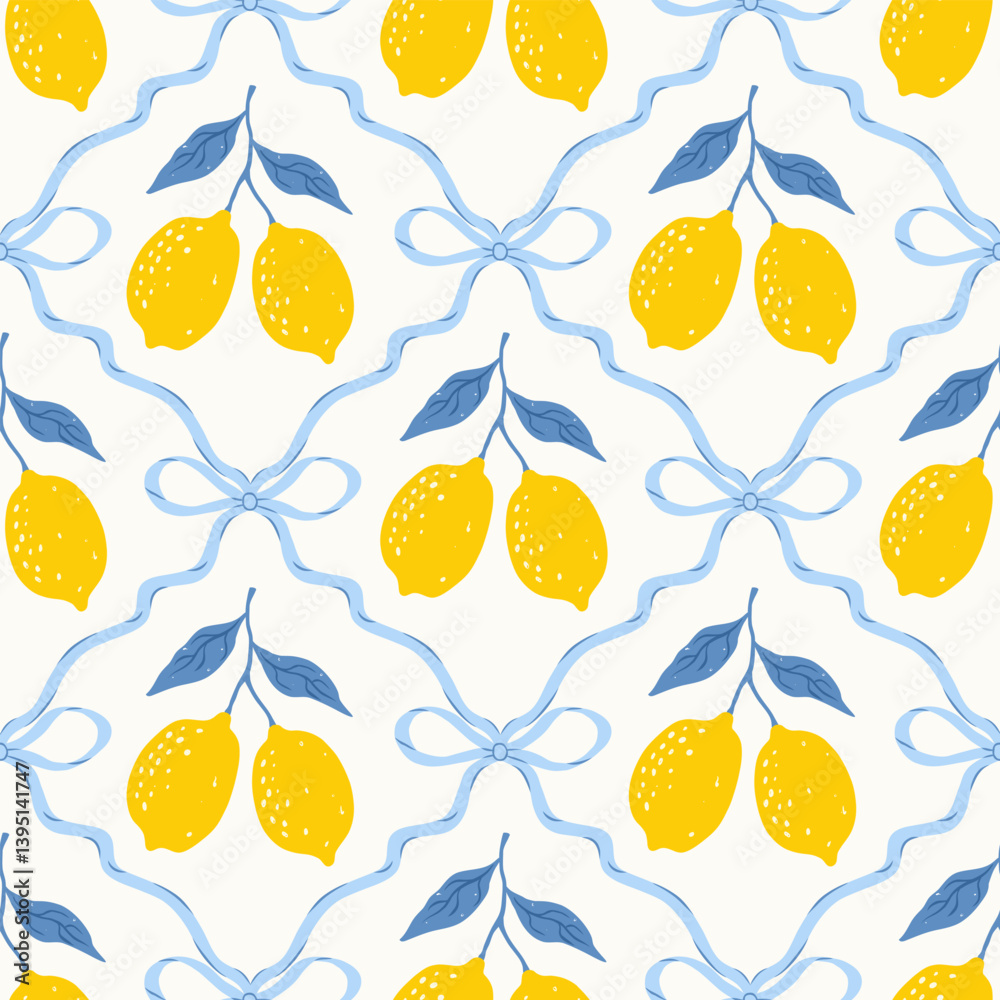 Seamless floral trellis pattern with bows and lemons. Summer coquette print. Italian vacation aesthetics. Cute background with citrus fruits. Vector trendy design for fabric, wrapping paper.