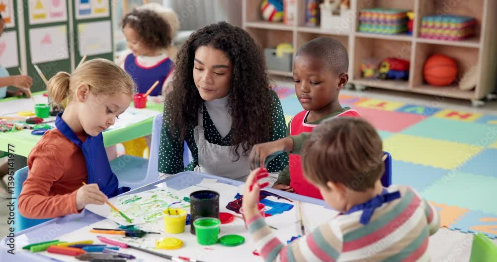 Painting, teacher and children with artwork, classroom and students with creativity in daycare and growth. Talking, woman and teaching kids for development, youth and learning with color in preschool