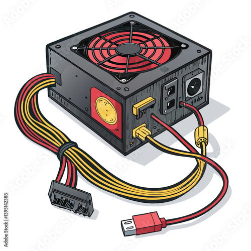 Create a bold, vector illustration of a computer power supply, showcasing its internal components with strong, graphic lines and contrasting colors.