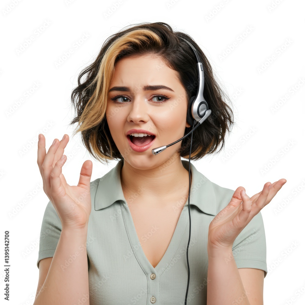 Confused Woman Wearing Headset with Hands Up in Exasperation on White Confused Woman Wearing Headset with Hands Up in Exasperation on White