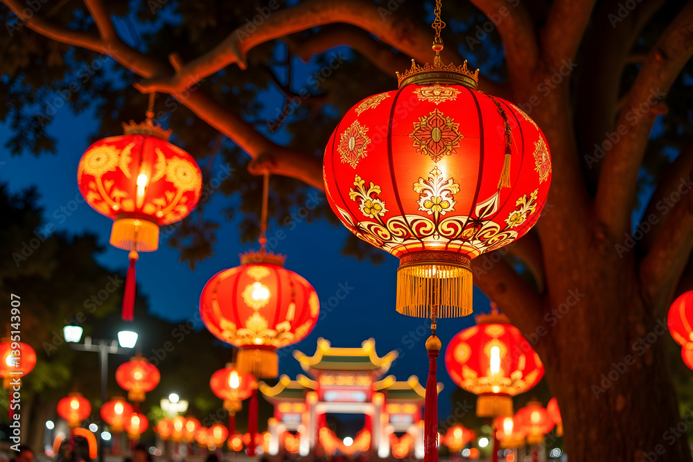 Red Lanterns Illuminate the Night, A Celebration of Culture and Tradition Underneath the Starry Sky in the City with Vibrant Red Lanterns