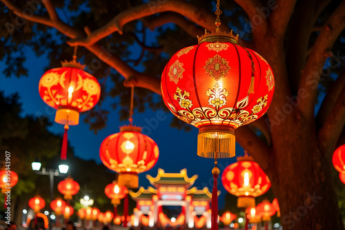 Obraz na płótnie Red Lanterns Illuminate the Night, A Celebration of Culture and Tradition Underneath the Starry Sky in the City with Vibrant Red Lanterns w salonie