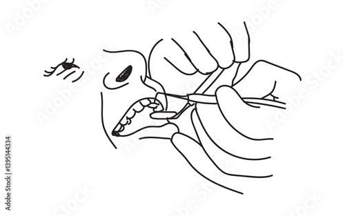 line drawing of  dentist examining patient teeth condition and doing tooth filling. Medical health care service workers concept one line draw design vector eps